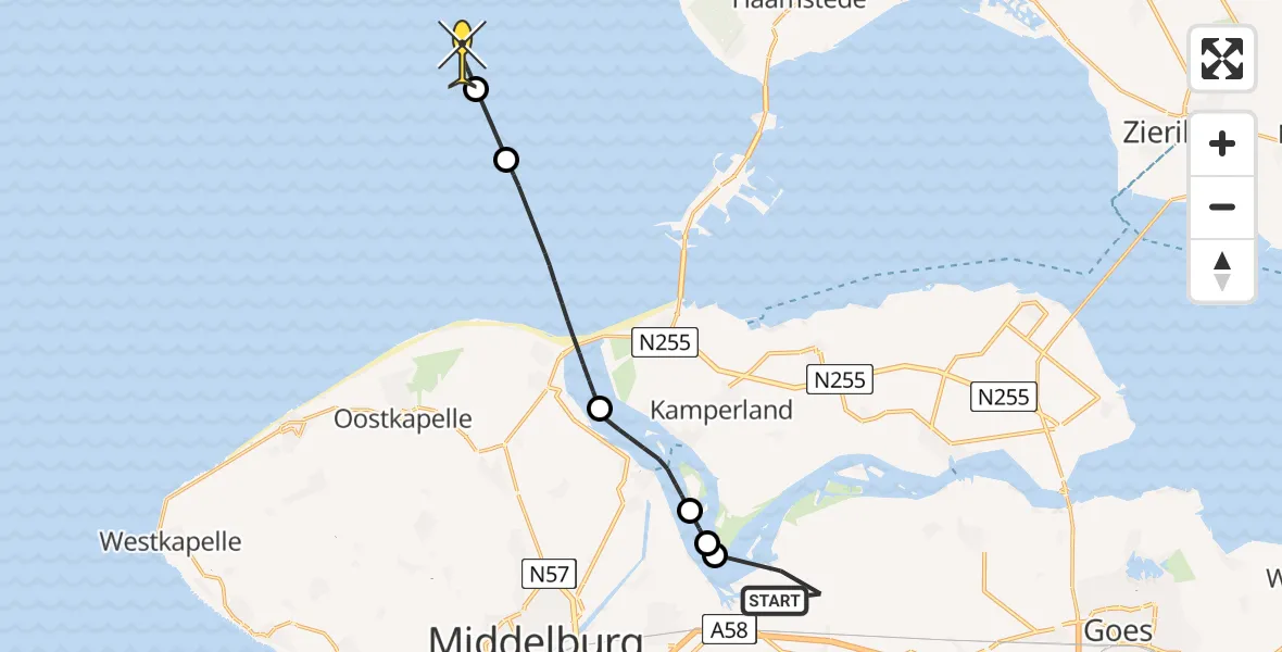 Routekaart van de vlucht: Kustwachthelikopter naar Meerkoetweg