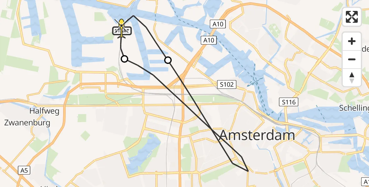 Routekaart van de vlucht: Lifeliner 1 naar Amsterdam Heliport, Westhavenweg