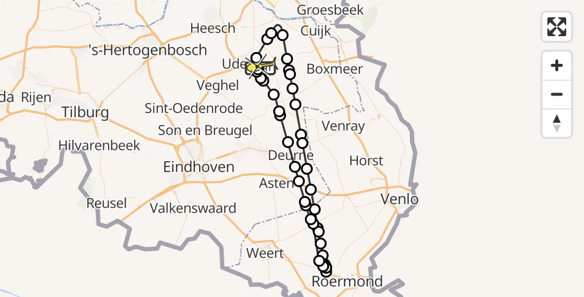 Routekaart van de vlucht: Politieheli naar Vliegbasis Volkel, Kromstraat