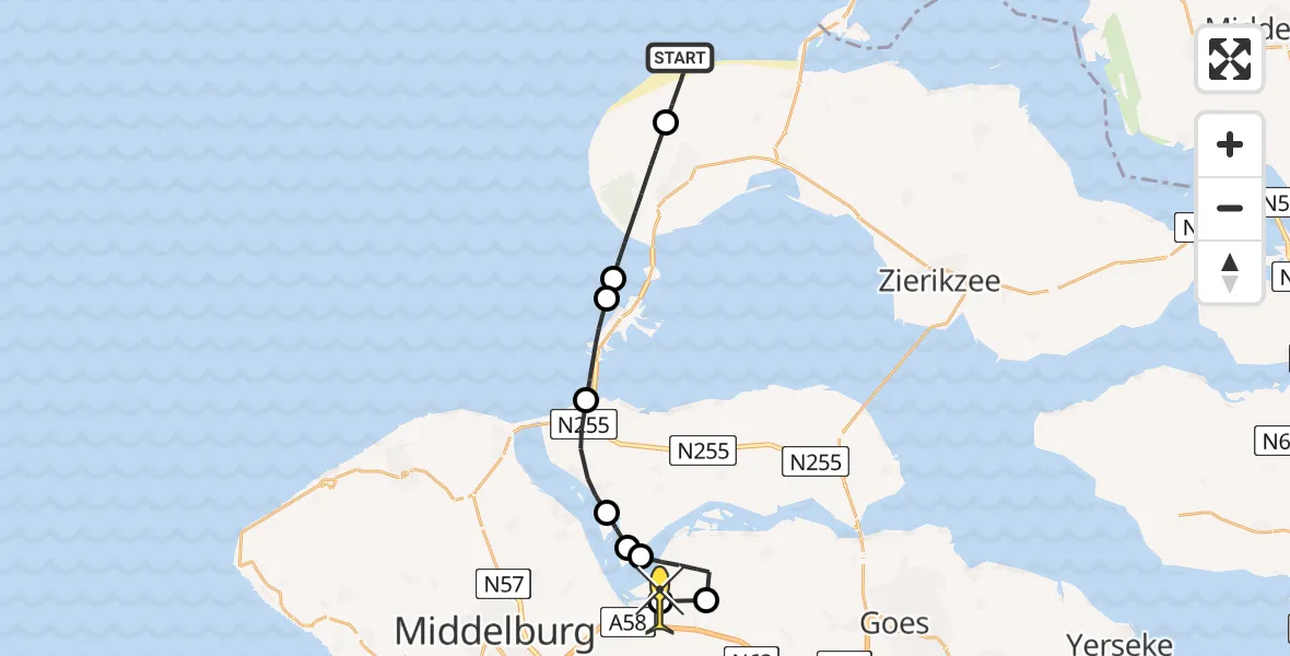 Routekaart van de vlucht: Kustwachthelikopter naar Vliegveld Midden-Zeeland, Watergat