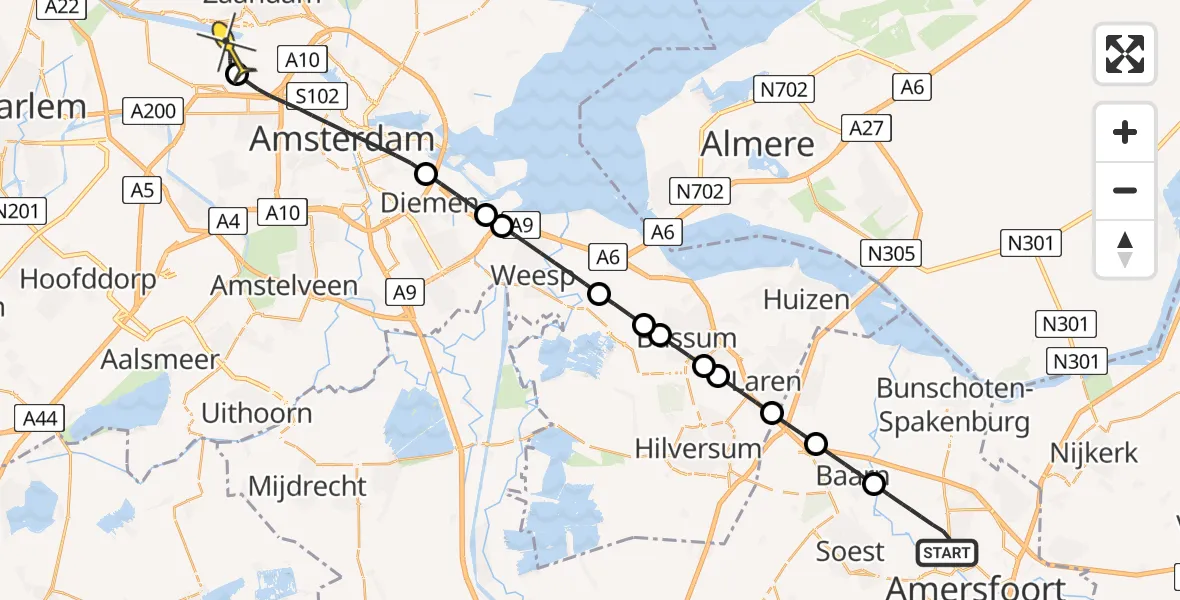 Routekaart van de vlucht: Lifeliner 1 naar Amsterdam Heliport, Coelhorsterweg