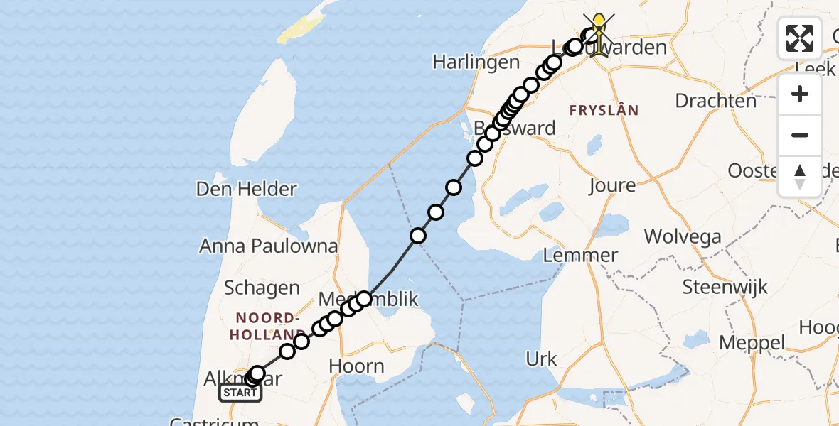 Routekaart van de vlucht: Ambulancehelikopter naar Vliegbasis Leeuwarden, Ommering