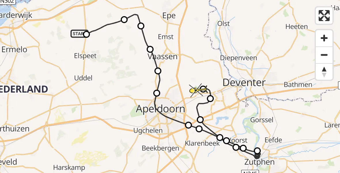 Routekaart van de vlucht: Politieheli naar Vliegveld Teuge, Elspeterweg