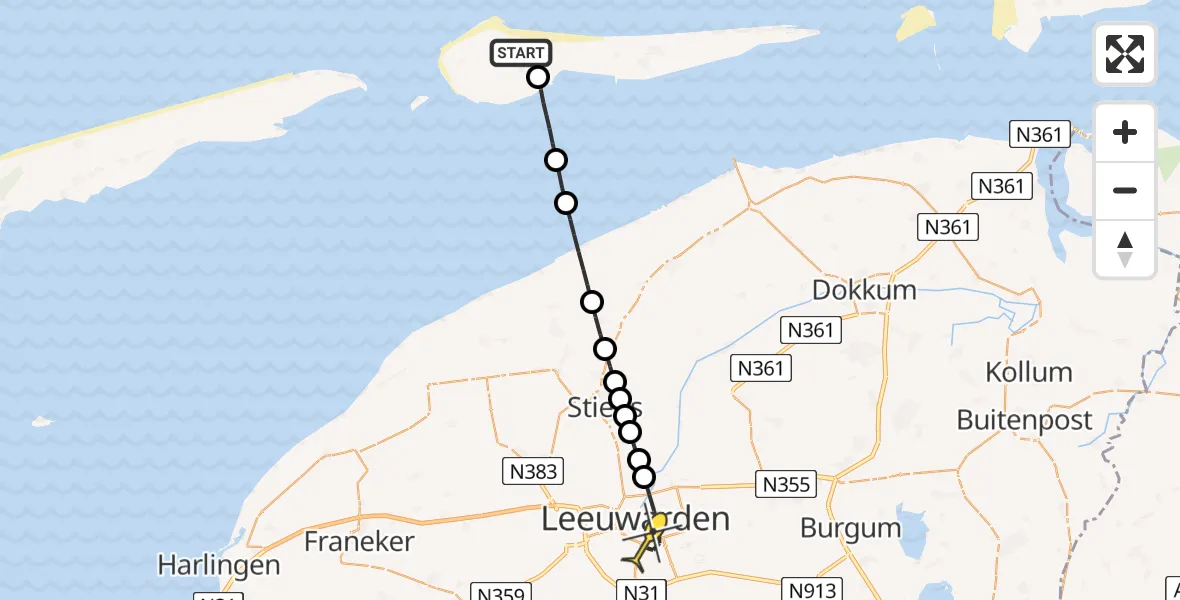 Routekaart van de vlucht: Ambulancehelikopter naar Leeuwarden, Verbindingsweg