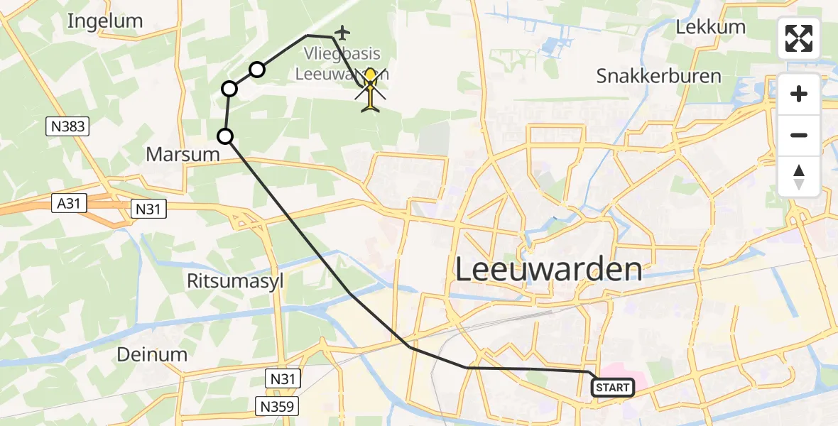 Routekaart van de vlucht: Ambulancehelikopter naar Vliegbasis Leeuwarden, Hobbemastraat