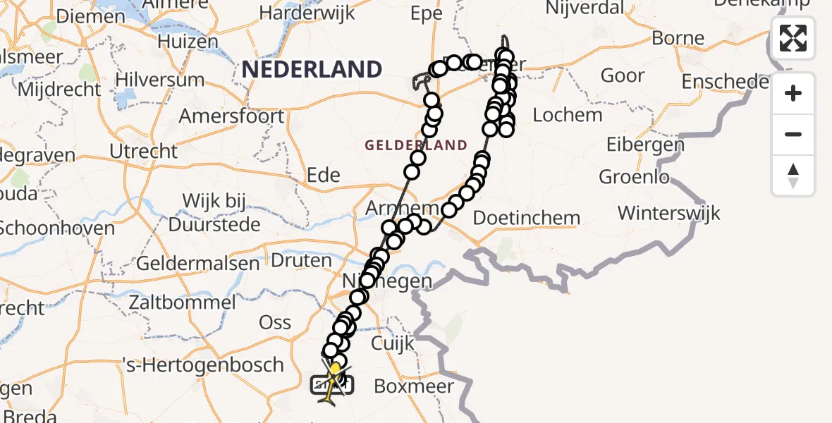 Vluchtroute Politiehelikopter van Vliegbasis Volkel naar Vliegbasis Volkel