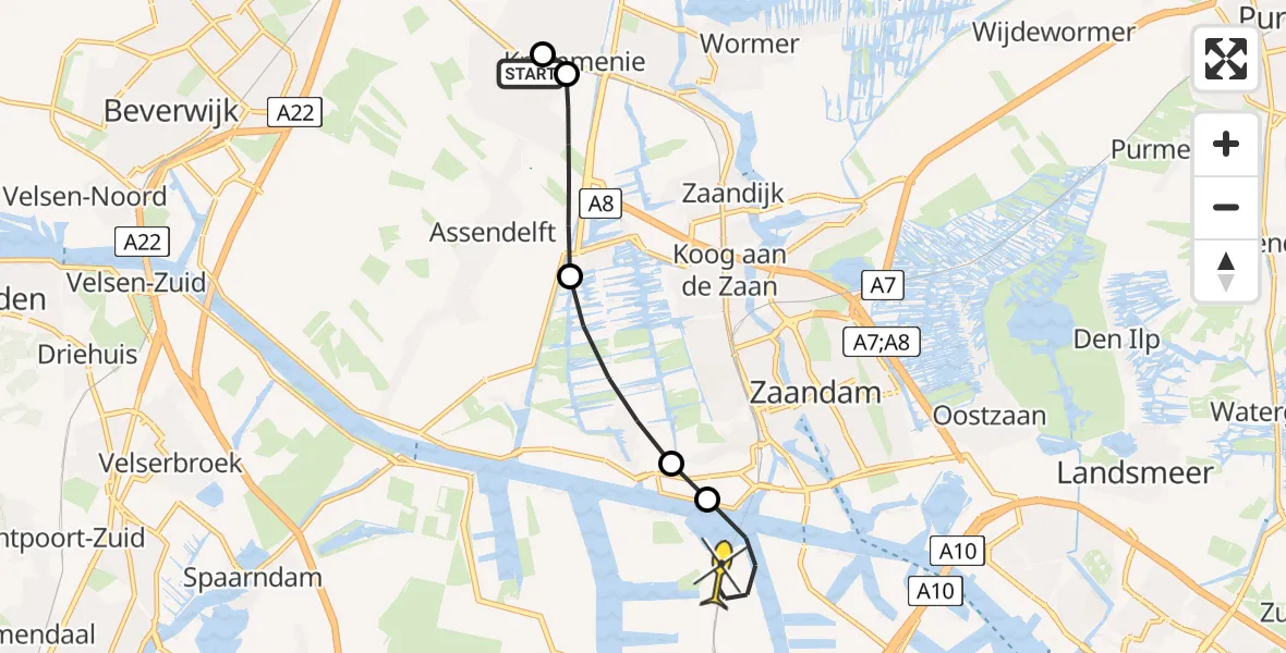 Routekaart van de vlucht: Lifeliner 1 naar Amsterdam Heliport, Omweg