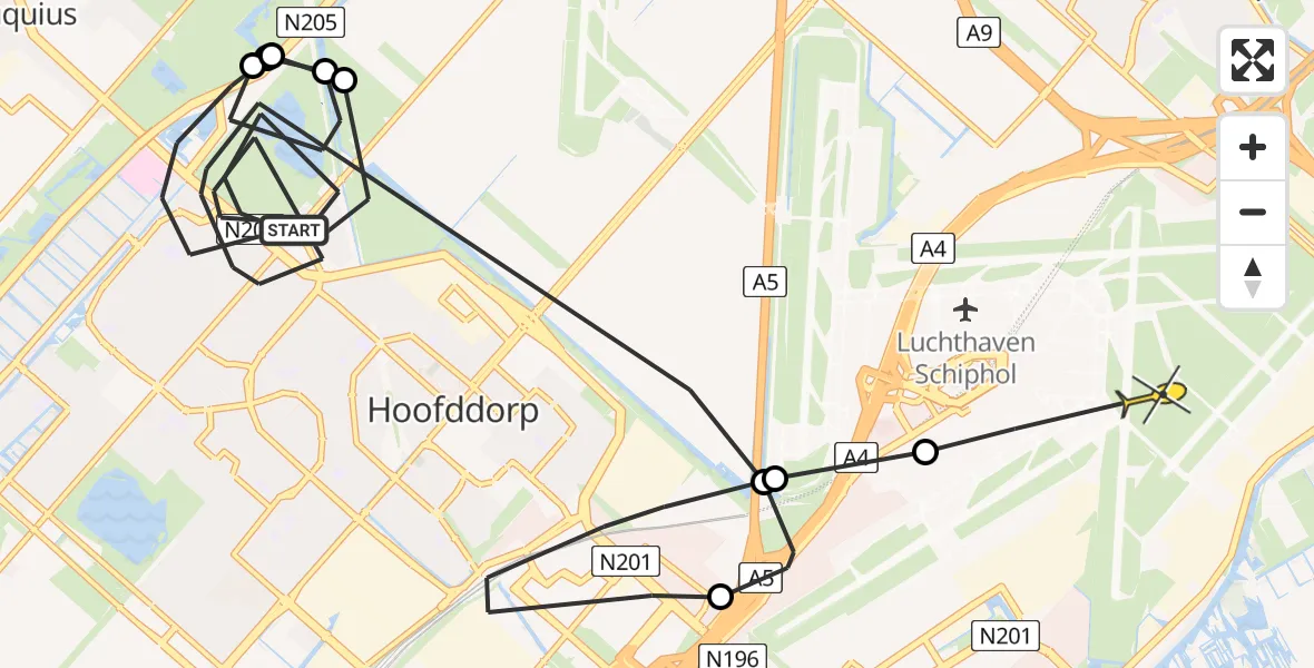 Routekaart van de vlucht: Politiehelikopter naar Luchthaven Schiphol, Waddenweg