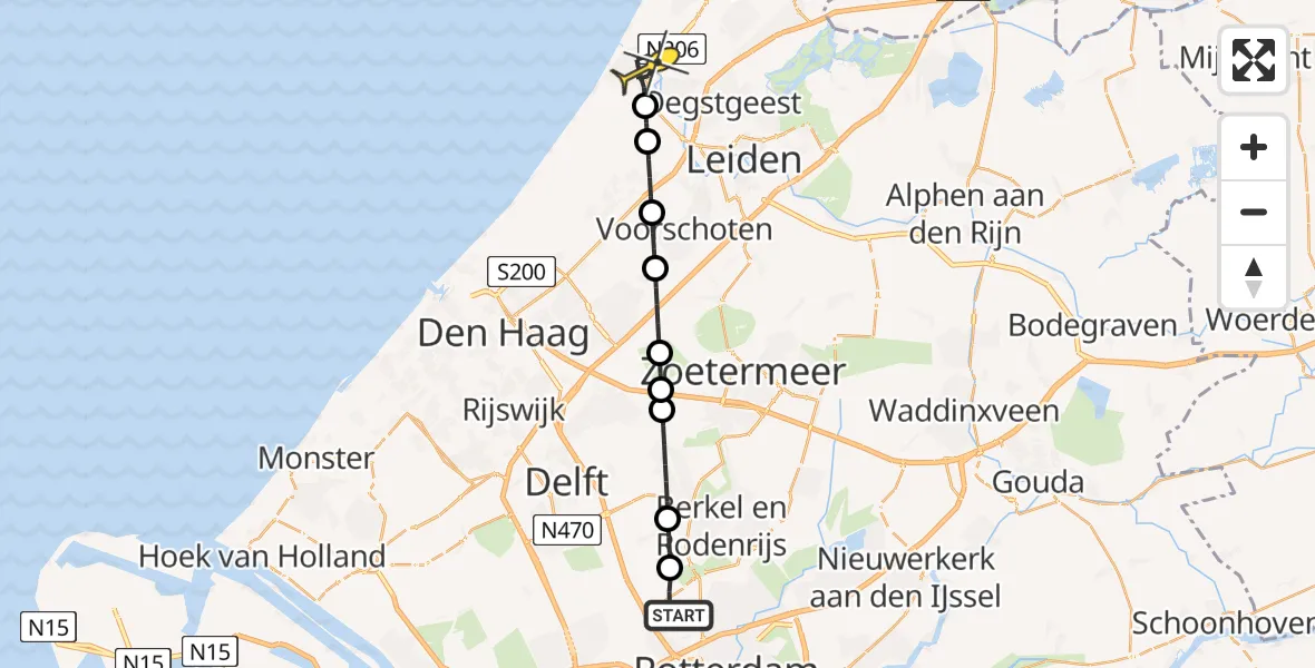 Routekaart van de vlucht: Lifeliner 2 naar Katwijk, A16 Rotterdam