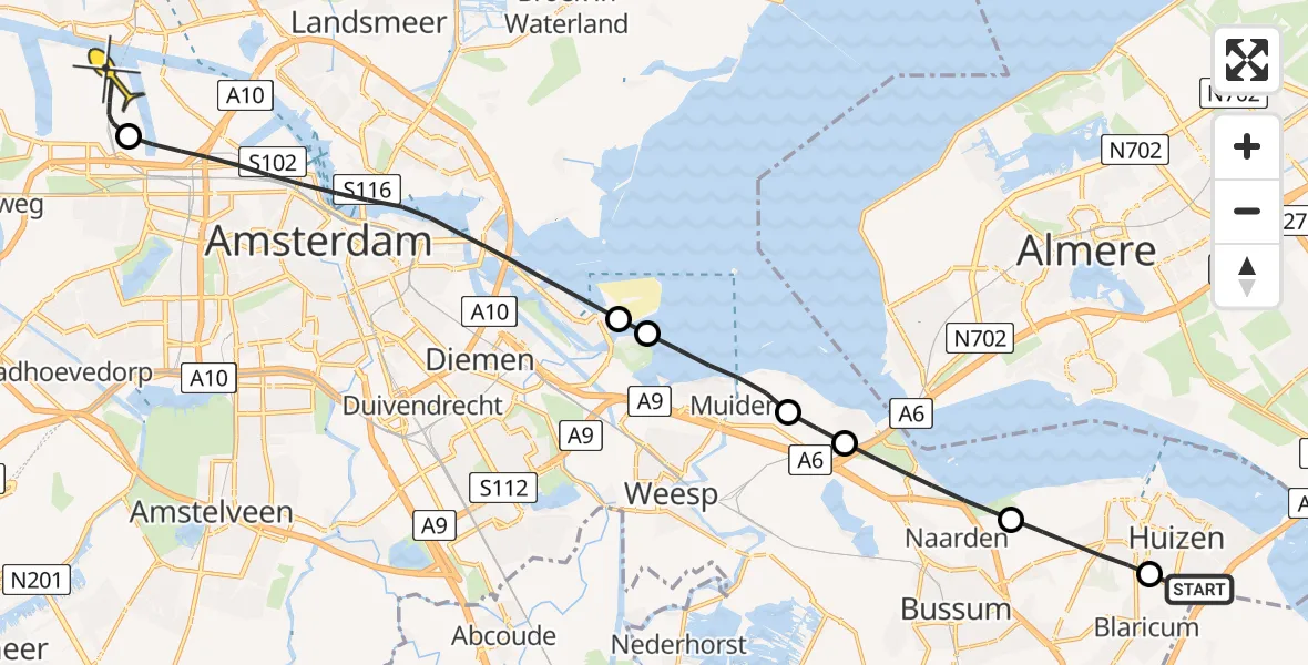 Routekaart van de vlucht: Lifeliner 1 naar Amsterdam Heliport, Depot Openbare Werken