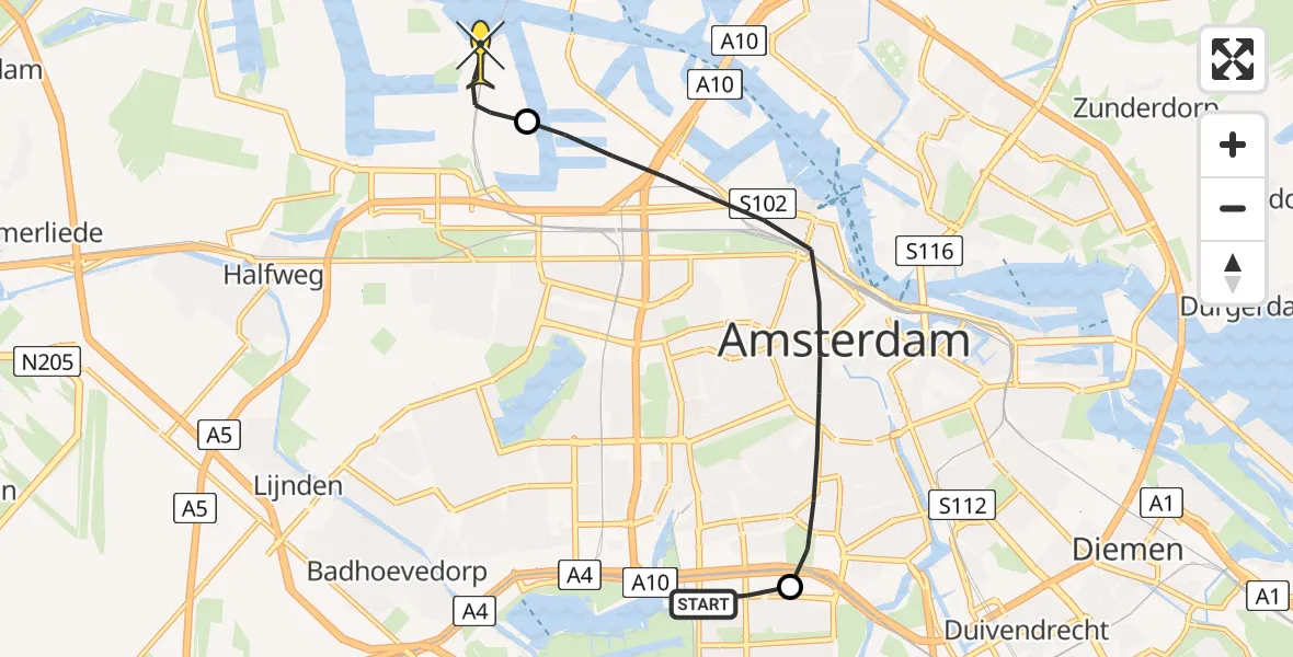 Routekaart van de vlucht: Traumaheli naar Amsterdam Heliport, Maurice Ravellaan