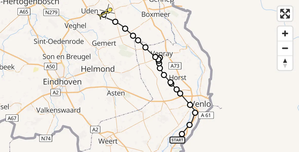 Routekaart van de vlucht: Politieheli naar Vliegbasis Volkel, Rayerveldweg