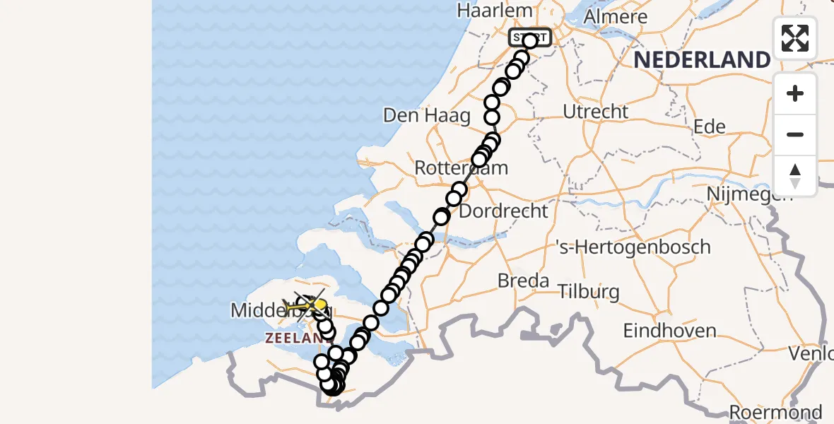 Routekaart van de vlucht: Politieheli naar Vliegveld Midden-Zeeland, Fokkerweg