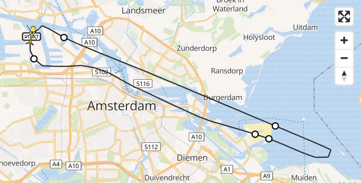 Routekaart van de vlucht: Lifeliner 1 naar Amsterdam Heliport, Dukdalfweg