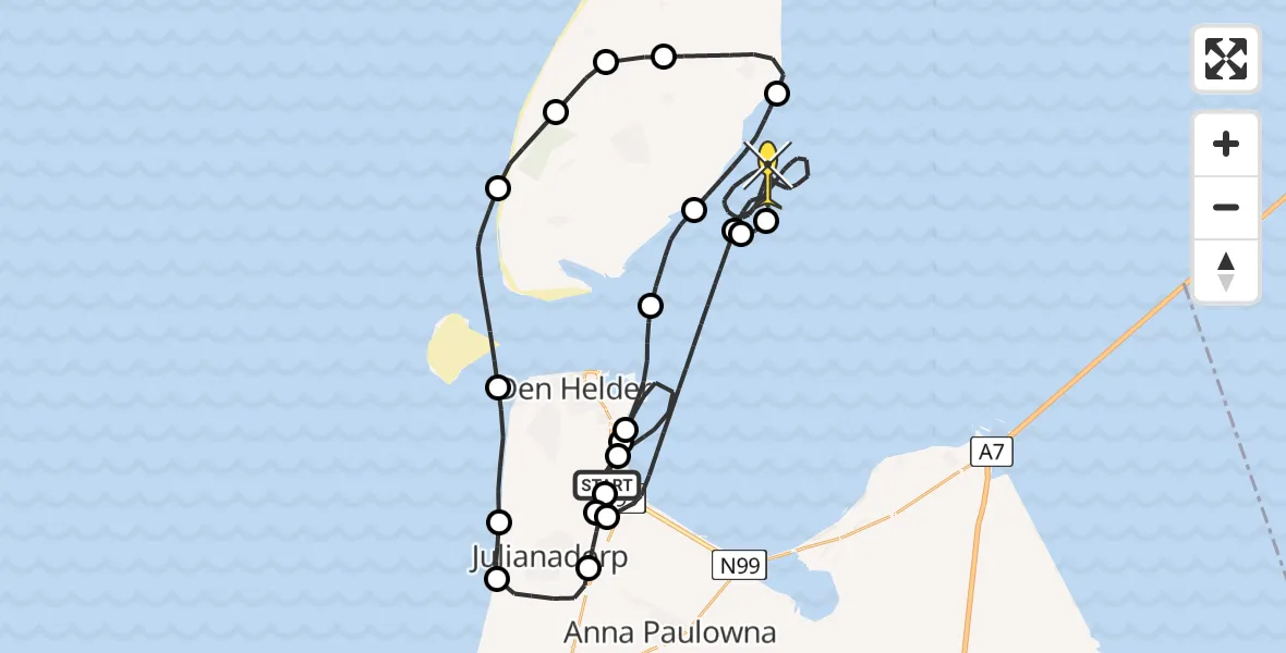 Routekaart van de vlucht: Kustwachthelikopter naar Oudeschild, Oostoeverweg