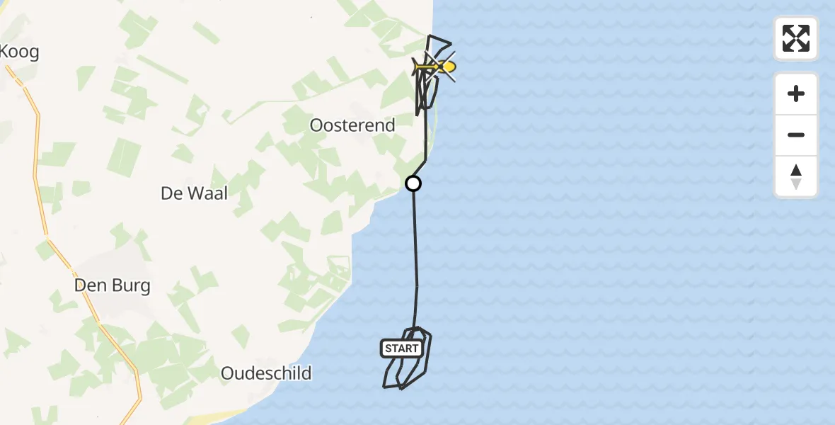 Routekaart van de vlucht: Kustwachthelikopter naar Oosterend, Texelstroom