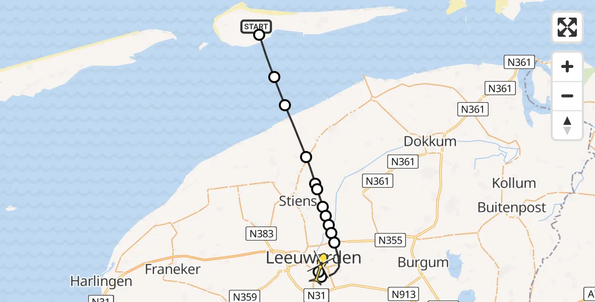 Routekaart van de vlucht: Ambulanceheli naar Leeuwarden, Ballumermieden