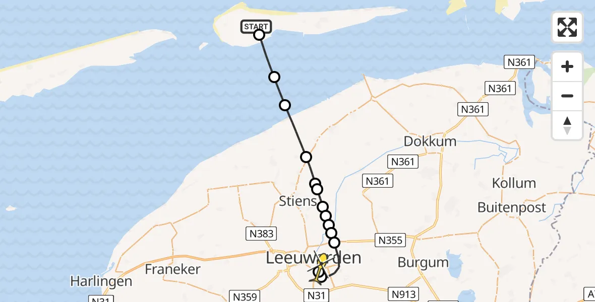 Routekaart van de vlucht: Ambulancehelikopter naar Leeuwarden, Ballumermieden