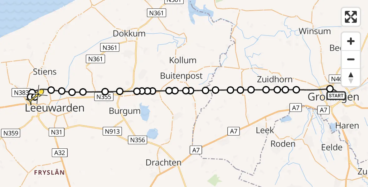 Routekaart van de vlucht: Ambulancehelikopter naar Leeuwarden, Oppenheimstraat
