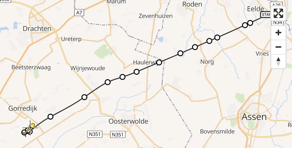 Routekaart van de vlucht: Lifeliner 4 naar Oudehorne, Veldkampweg