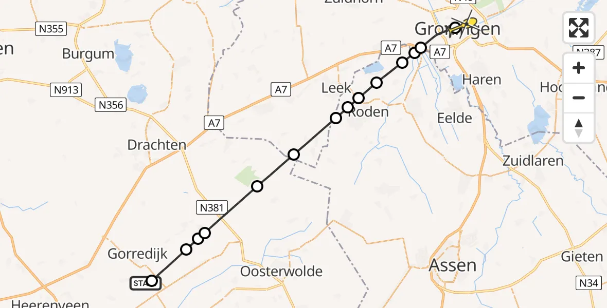 Routekaart van de vlucht: Lifeliner 4 naar Universitair Medisch Centrum Groningen, Alde Singel