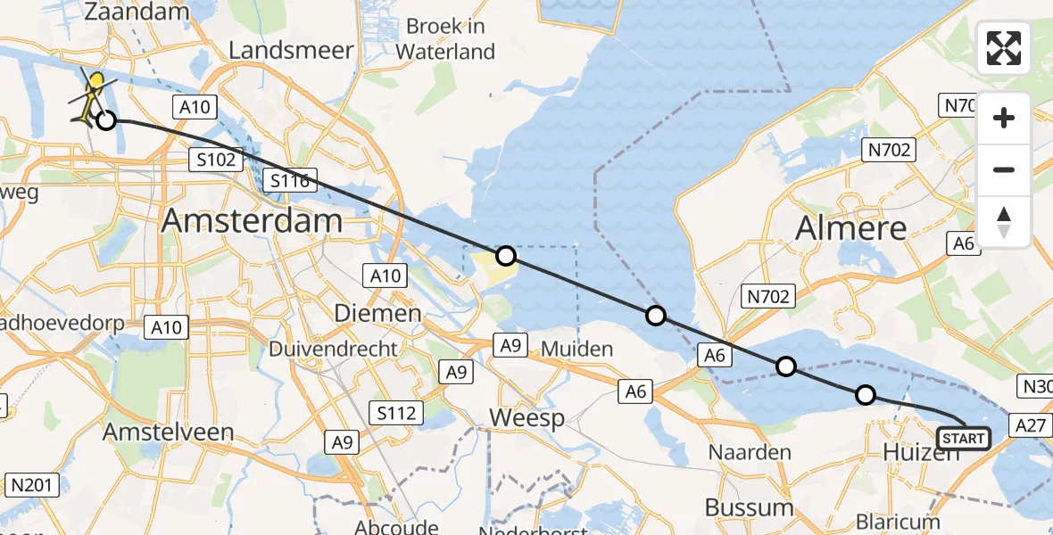 Routekaart van de vlucht: Lifeliner 1 naar Amsterdam Heliport, Aanloop Huizen