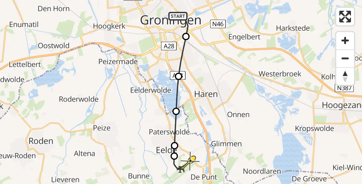 Routekaart van de vlucht: Lifeliner 4 naar Groningen Airport Eelde, Roskildeweg