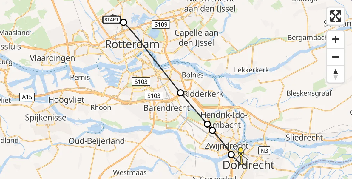 Routekaart van de vlucht: Lifeliner 2 naar Dordrecht, Volkelstraat