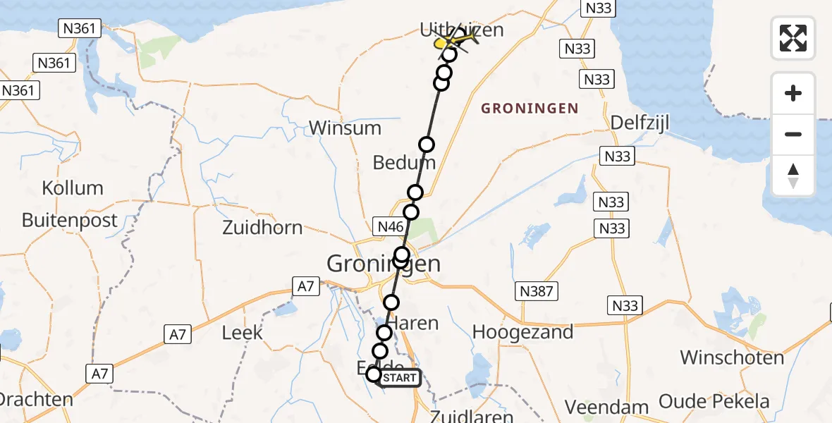 Routekaart van de vlucht: Lifeliner 4 naar Zandeweer, Veldkampweg