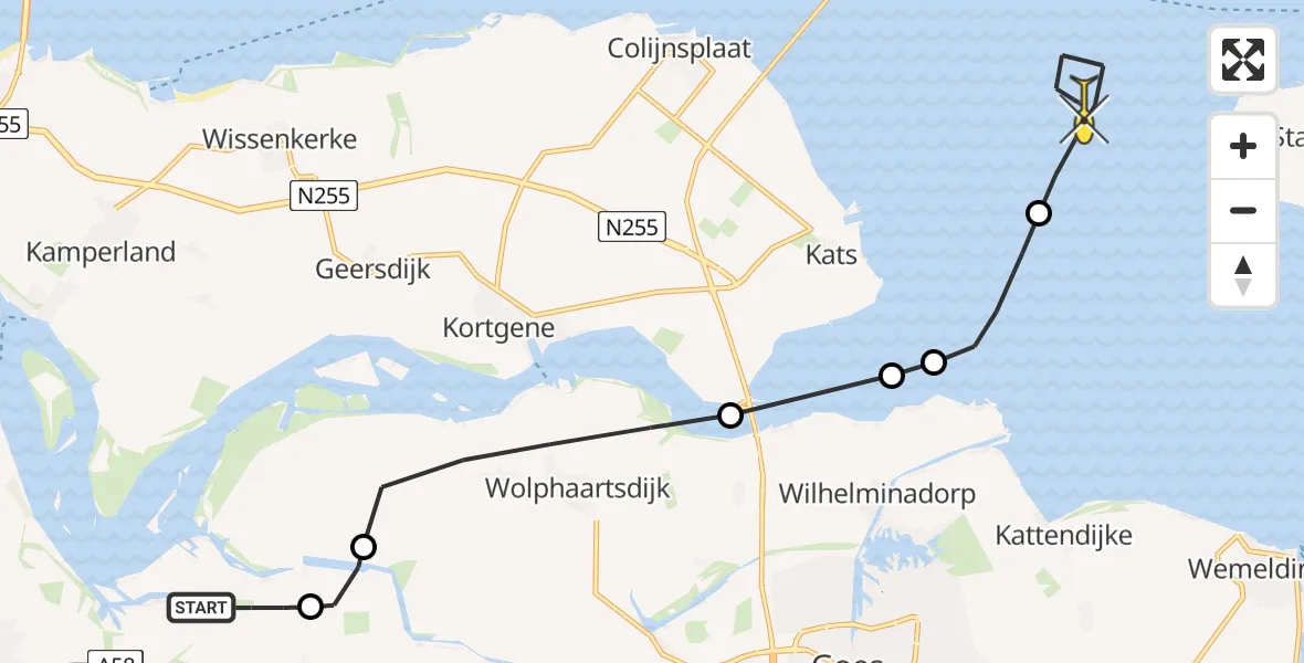 Routekaart van de vlucht: Kustwachthelikopter naar Stavenisse, Pietweg