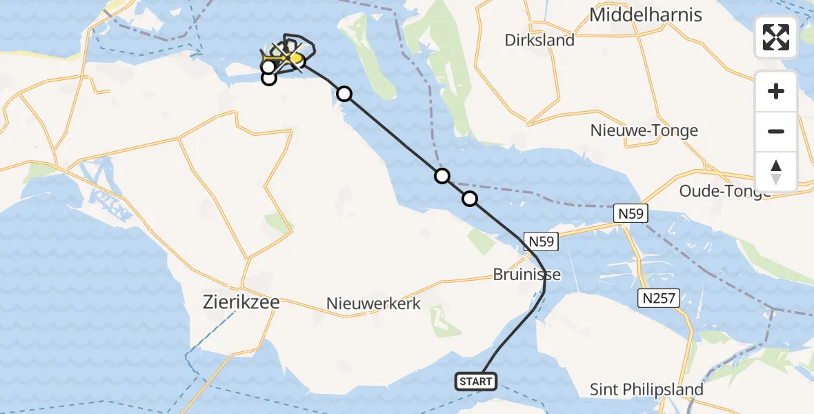 Routekaart van de vlucht: Kustwachthelikopter naar Brouwershaven, Zuid-Grevelingen