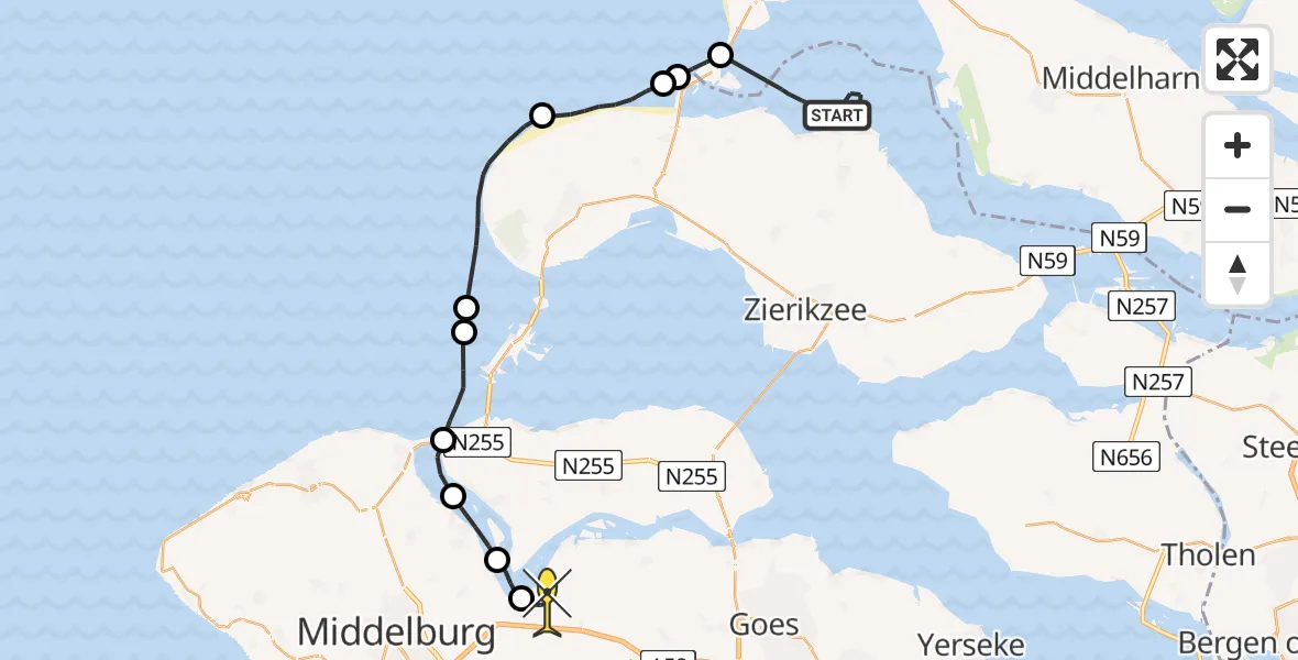 Routekaart van de vlucht: Kustwachthelikopter naar Vliegveld Midden-Zeeland, Stampersplaat Zuid