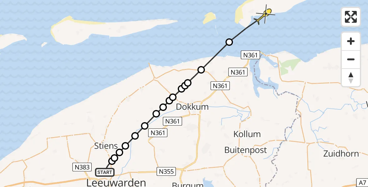 Routekaart van de vlucht: Ambulancehelikopter naar Schiermonnikoog, Keegsdijkje