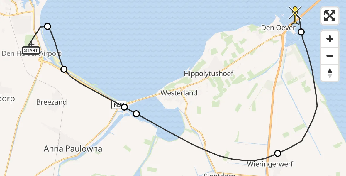 Routekaart van de vlucht: Kustwachthelikopter naar Den Oever, Oostoeverweg