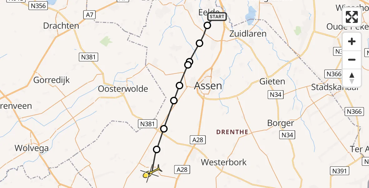 Routekaart van de vlucht: Lifeliner 4 naar Dwingeloo, Oosterloop