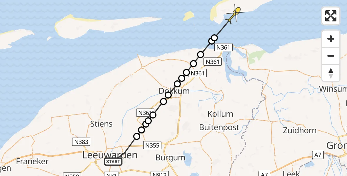 Routekaart van de vlucht: Ambulanceheli naar Schiermonnikoog, Tjotterstraat