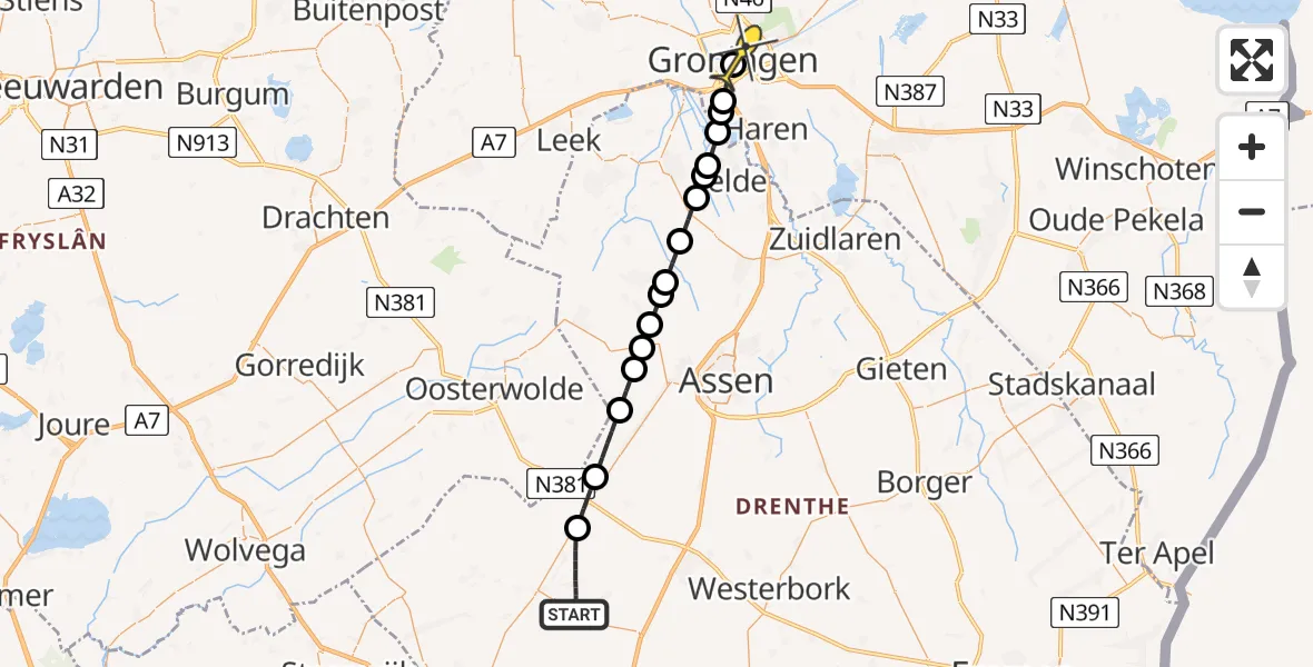 Routekaart van de vlucht: Lifeliner 4 naar Universitair Medisch Centrum Groningen, Poortweg