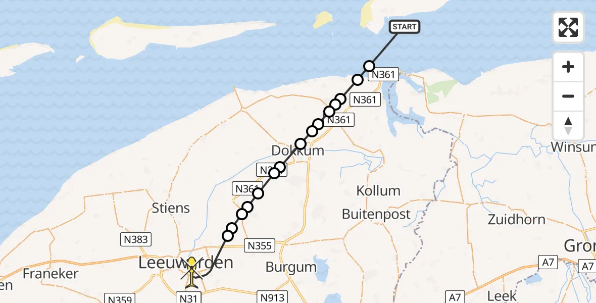 Routekaart van de vlucht: Ambulanceheli naar Leeuwarden, Groote Siege