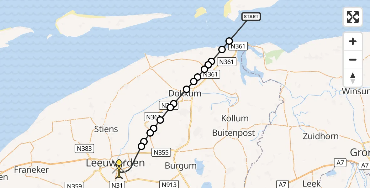 Routekaart van de vlucht: Ambulancehelikopter naar Leeuwarden, Groote Siege