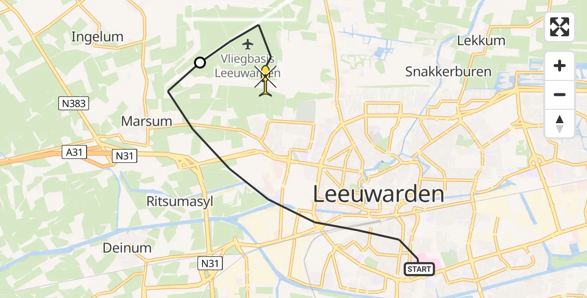Routekaart van de vlucht: Ambulancehelikopter naar Vliegbasis Leeuwarden, Wijnhornsterstraat