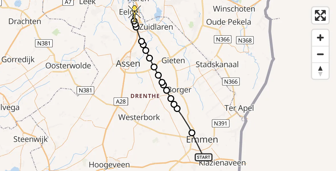 Routekaart van de vlucht: Lifeliner 4 naar Groningen Airport Eelde, Uilenveld