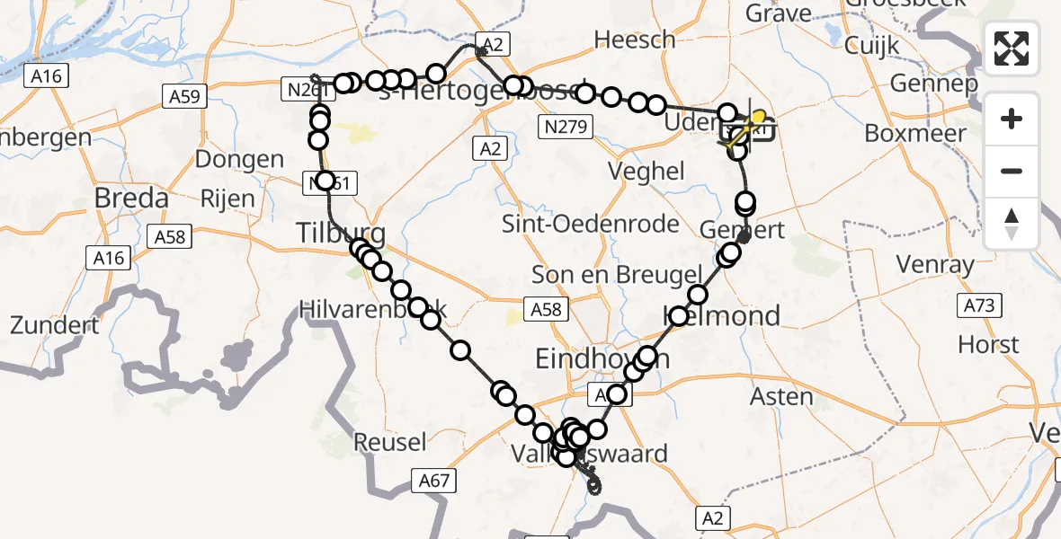 Routekaart van de vlucht: Politieheli naar Vliegbasis Volkel, Zeelandsedijk