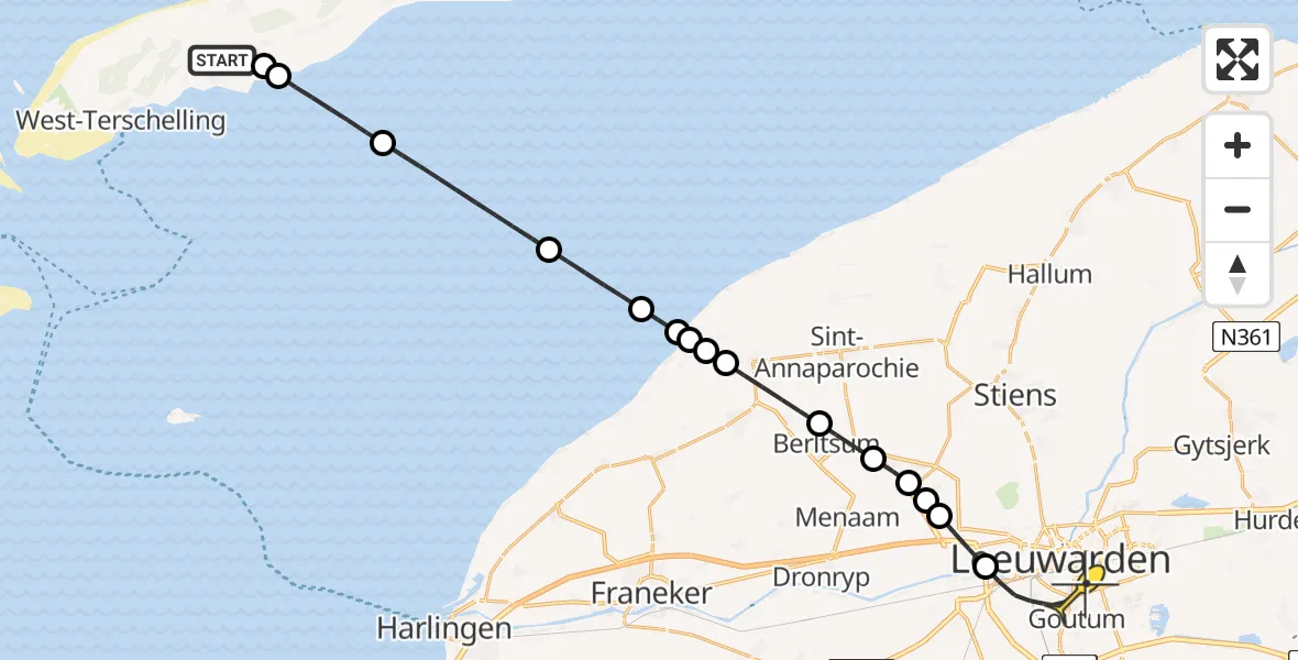 Routekaart van de vlucht: Ambulanceheli naar Leeuwarden, Hornsjildeweg