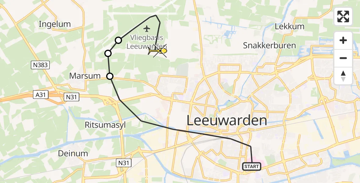 Routekaart van de vlucht: Ambulancehelikopter naar Vliegbasis Leeuwarden, Halbertsmastraat