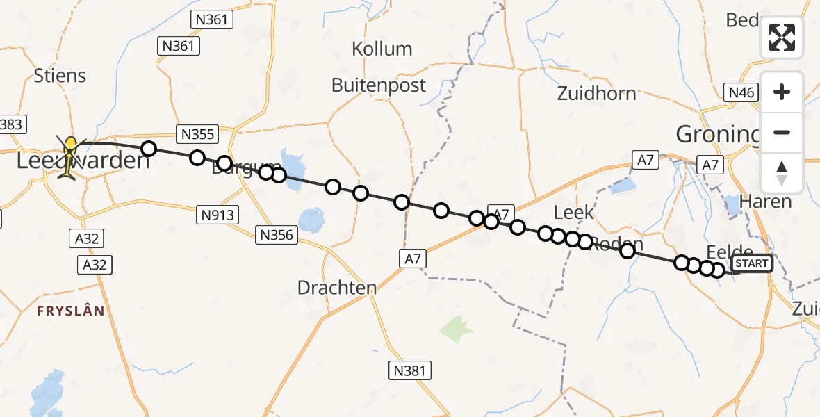 Routekaart van de vlucht: Lifeliner 4 naar Leeuwarden, Veldkampweg