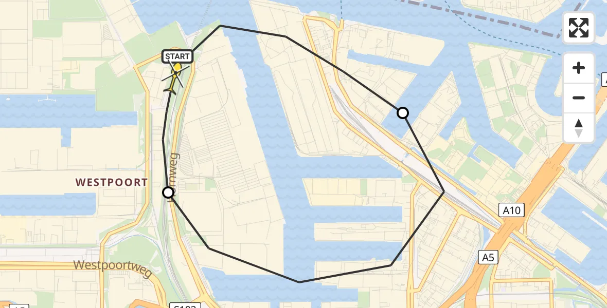 Routekaart van de vlucht: Lifeliner 1 naar Amsterdam Heliport, Westhavenweg