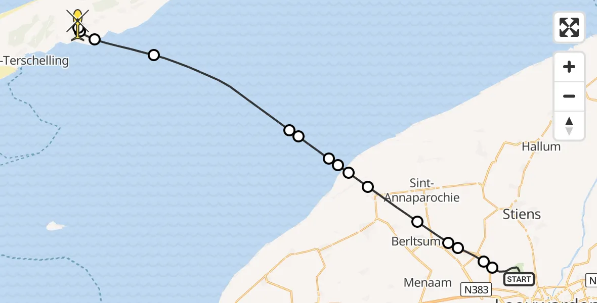 Routekaart van de vlucht: Ambulancehelikopter naar Midsland, Keegsdijkje