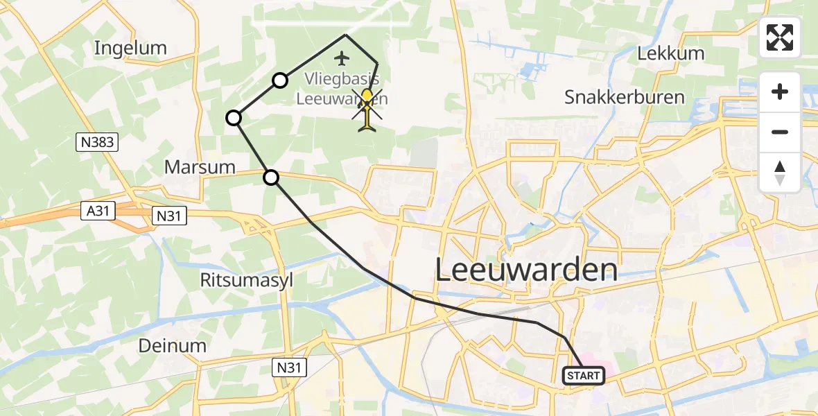 Routekaart van de vlucht: Ambulancehelikopter naar Vliegbasis Leeuwarden, Hollanderdijk