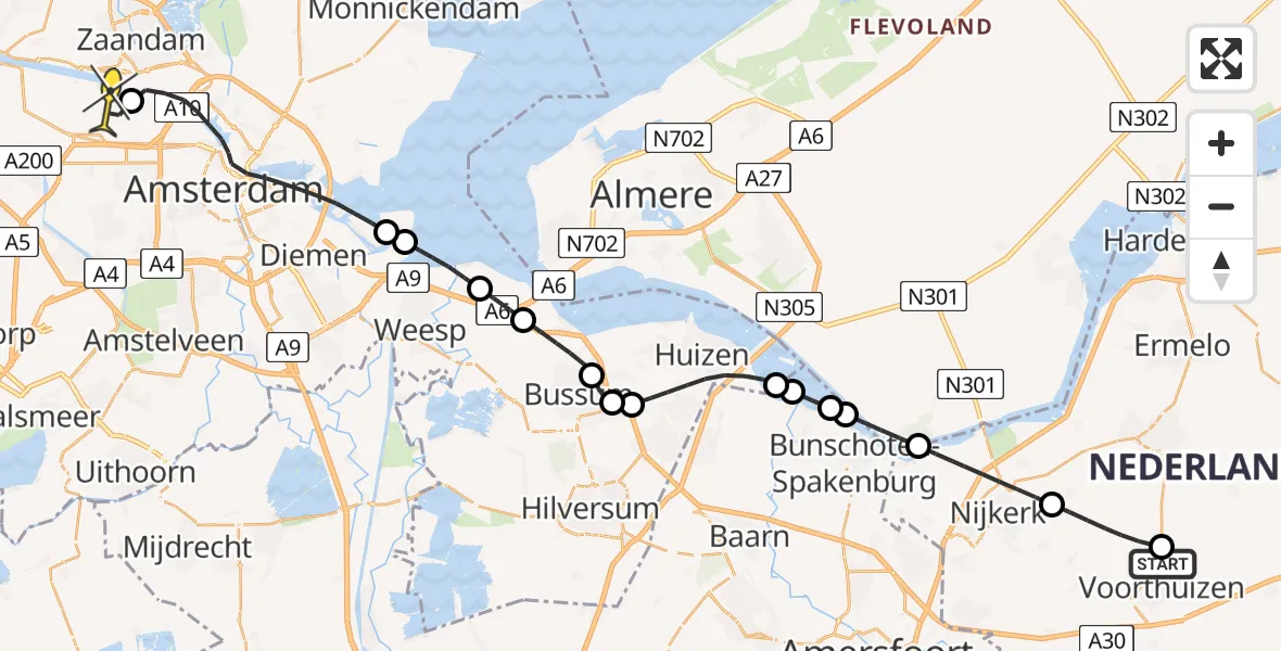 Routekaart van de vlucht: Lifeliner 1 naar Amsterdam Heliport, Voorthuizerstraat