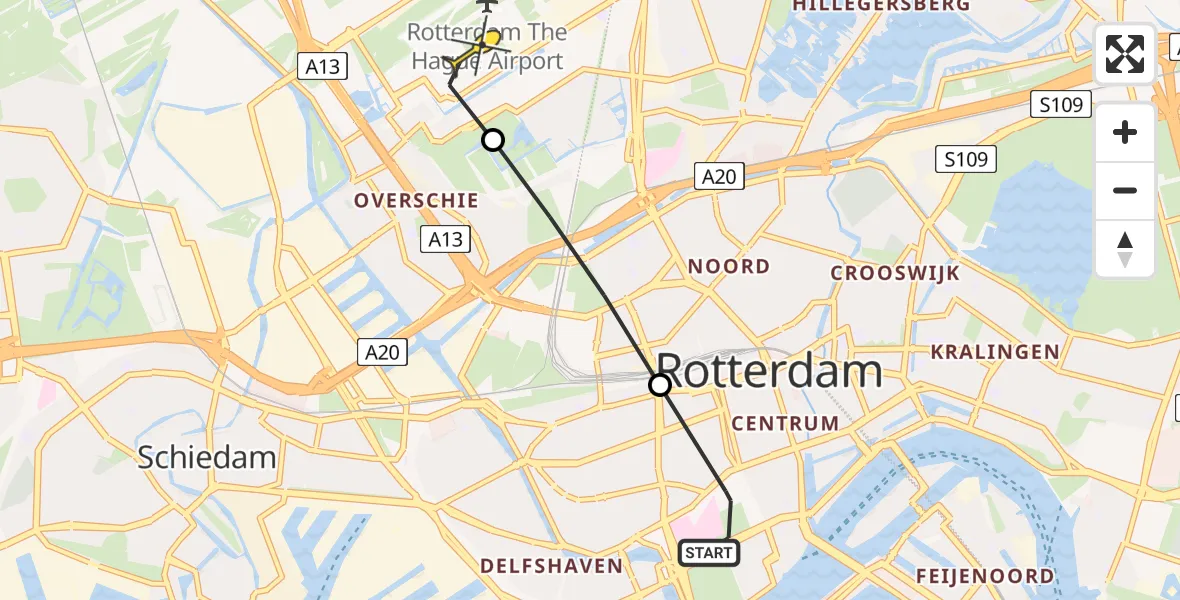 Routekaart van de vlucht: Lifeliner 2 naar Rotterdam The Hague Airport, Statentunnel